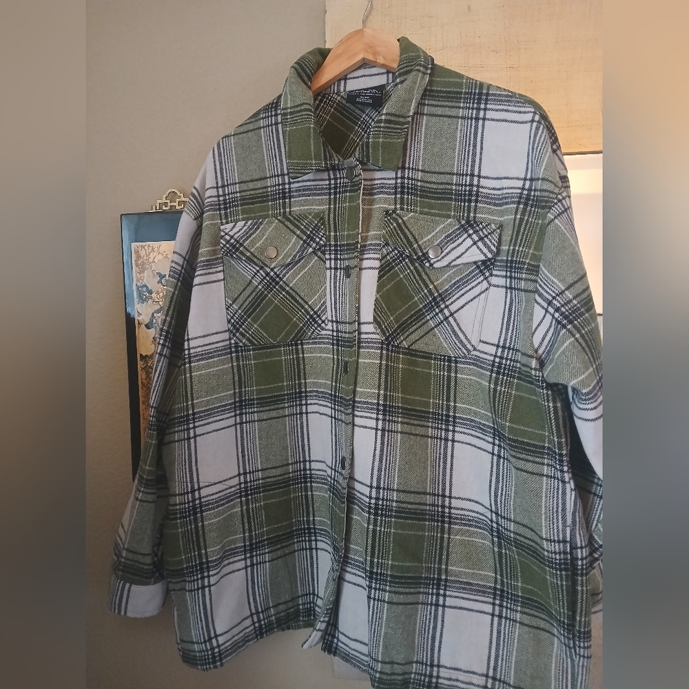 Green and White Plaid Snap Front